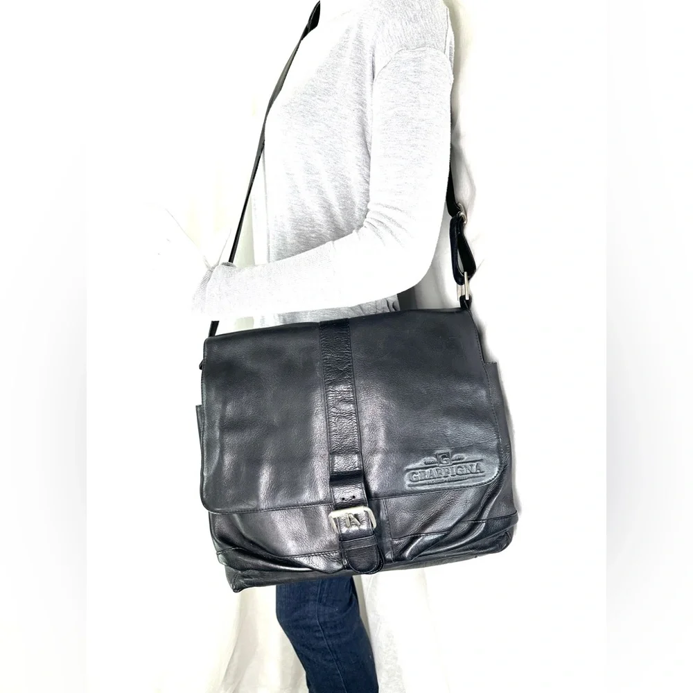 latico Black Leather Medium Messenger Bag Snap Flap Office Travel Commute